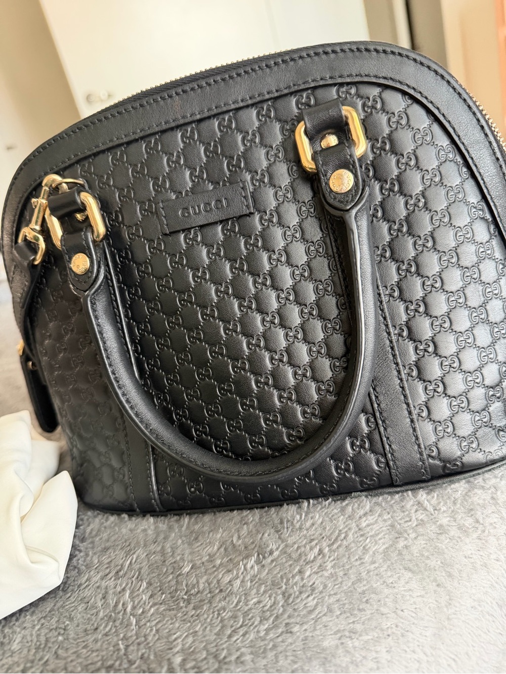 Gucci Black Embossed Leather Dome Satchel with Gold-Tone Hardware